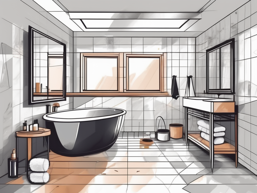 A bathroom undergoing renovation with various tools and materials around