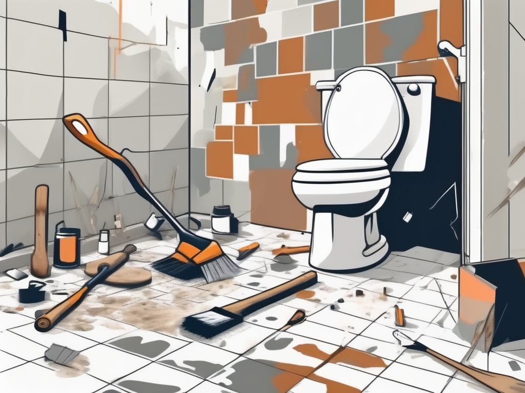 A bathroom under renovation with various tools like a paintbrush