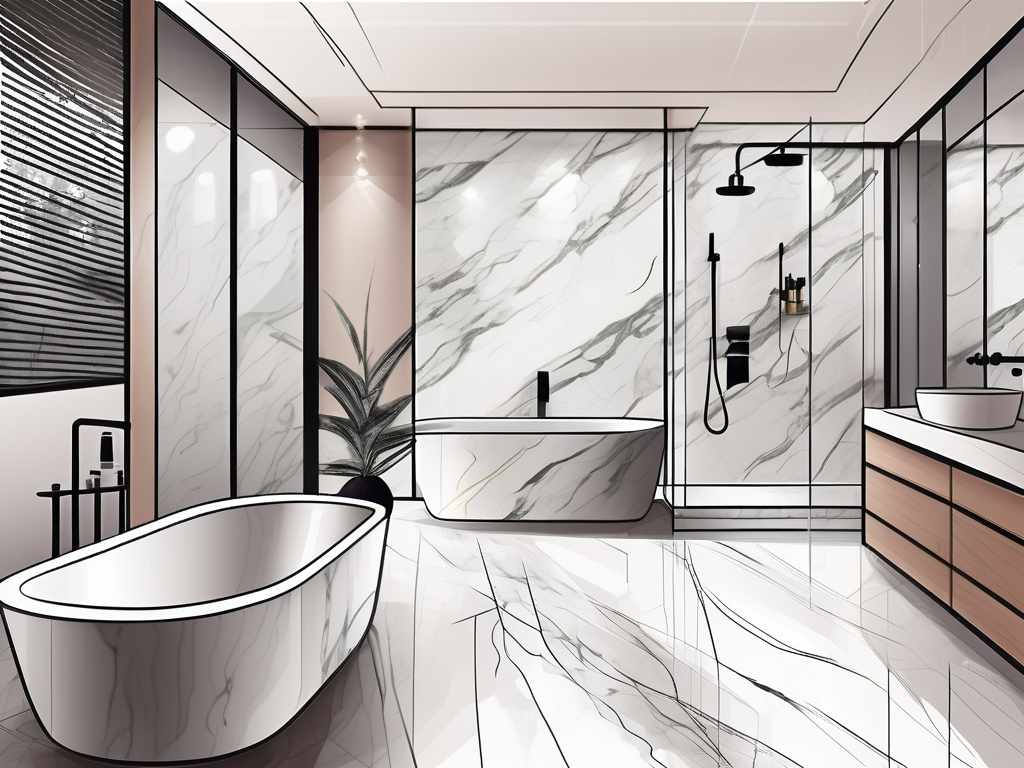 A luxurious bathroom showcasing elegant marble tiles on the floor and walls