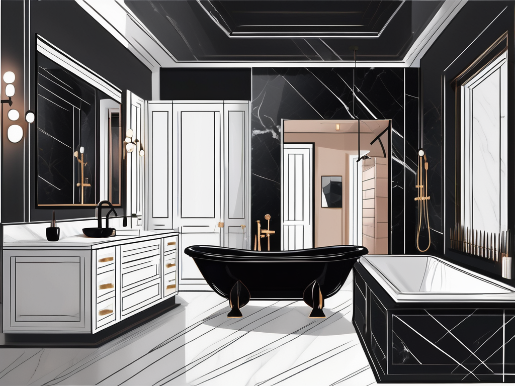 An elegant bathroom with black interior design