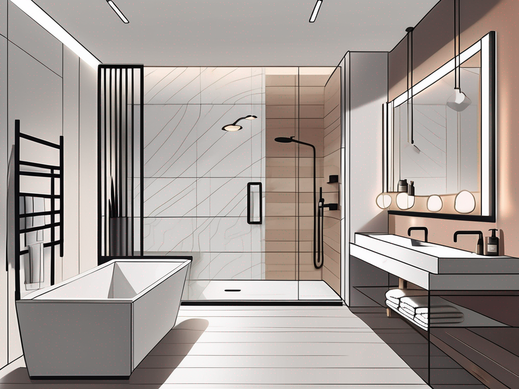 A modern bathroom showcasing a variety of built-in and surface-mounted fixtures
