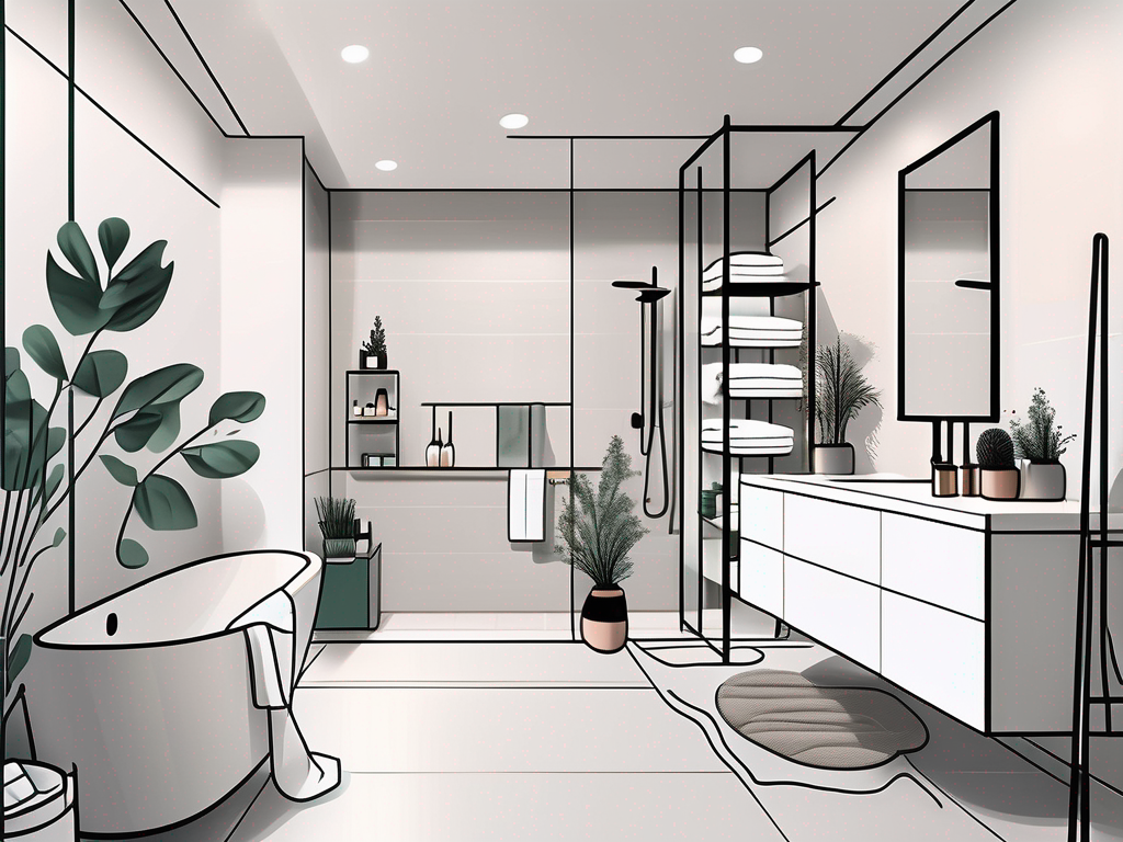 A modern bathroom with various creative elements like a hanging plant